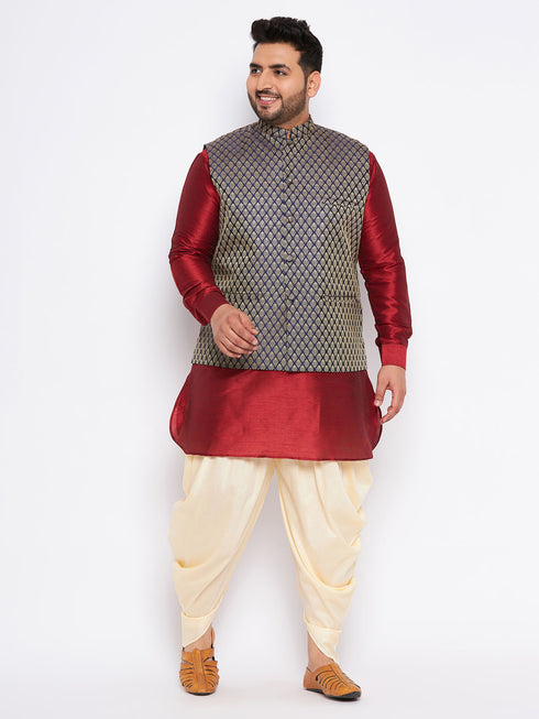 Men's Plus Size Navy Blue Woven Jacket With Maroon Kurta And Gold Dhoti Set
