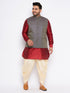 Men's Plus Size Navy Blue Woven Jacket With Maroon Kurta And Gold Dhoti Set
