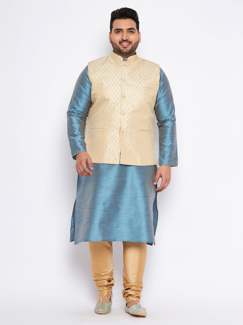 Men's Plus Size Cream Ethnic Cream Jacket With Aqua Silk Blend Kurta And Golden Pyjama Set