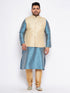 Men's Plus Size Cream Ethnic Cream Jacket With Aqua Silk Blend Kurta And Golden Pyjama Set