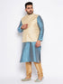Men's Plus Size Cream Ethnic Cream Jacket With Aqua Silk Blend Kurta And Golden Pyjama Set
