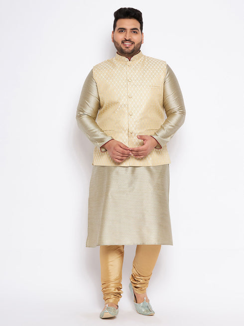Men's Plus Size Cream Ethnic Cream Jacket With Beige Silk Blend Kurta And Golden Pyjama Set