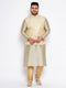 Men's Plus Size Cream Ethnic Cream Jacket With Beige Silk Blend Kurta And Golden Pyjama Set