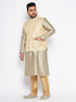 Men's Plus Size Cream Ethnic Cream Jacket With Beige Silk Blend Kurta And Golden Pyjama Set
