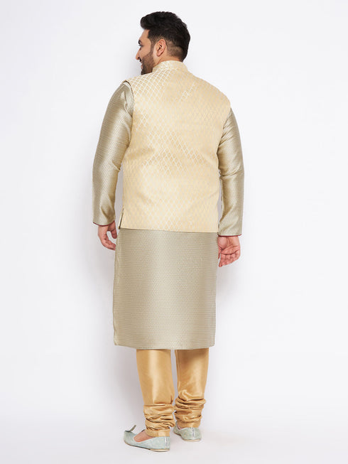 Men's Plus Size Cream Ethnic Cream Jacket With Beige Silk Blend Kurta And Golden Pyjama Set