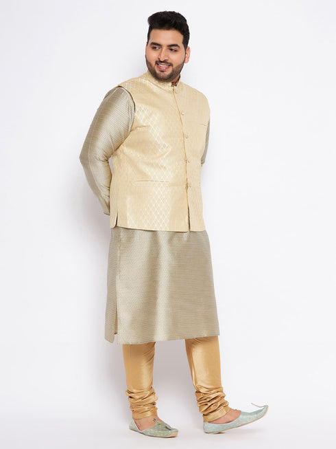 Men's Plus Size Cream Ethnic Cream Jacket With Beige Silk Blend Kurta And Golden Pyjama Set