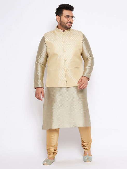 Men's Plus Size Cream Ethnic Cream Jacket With Beige Silk Blend Kurta And Golden Pyjama Set