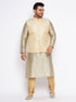 Men's Plus Size Cream Ethnic Cream Jacket With Beige Silk Blend Kurta And Golden Pyjama Set