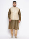 Men's Plus Size Cream Ethnic Cream Jacket With Black Silk Blend Kurta And Golden Pyjama Set