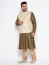 Men's Plus Size Cream Ethnic Cream Jacket With Black Silk Blend Kurta And Golden Pyjama Set