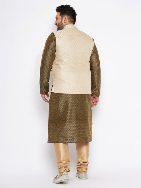 Men's Plus Size Cream Ethnic Cream Jacket With Black Silk Blend Kurta And Golden Pyjama Set