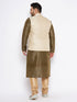 Men's Plus Size Cream Ethnic Cream Jacket With Black Silk Blend Kurta And Golden Pyjama Set