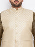 Men's Plus Size Cream Ethnic Cream Jacket With Black Silk Blend Kurta And Golden Pyjama Set