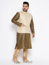 Men's Plus Size Cream Ethnic Cream Jacket With Black Silk Blend Kurta And Golden Pyjama Set