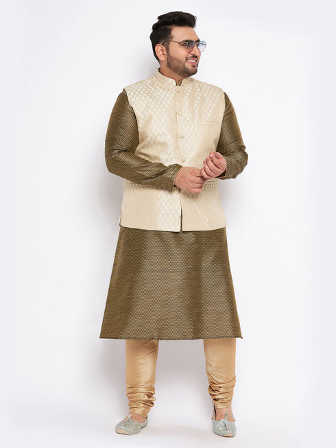 Men's Plus Size Cream Ethnic Cream Jacket With Black Silk Blend Kurta And Golden Pyjama Set
