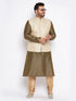Men's Plus Size Cream Ethnic Cream Jacket With Black Silk Blend Kurta And Golden Pyjama Set