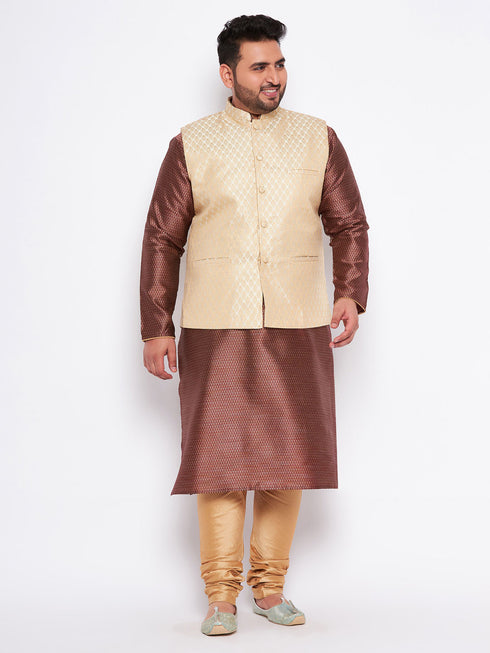 Men's Plus Size Cream Ethnic Cream Jacket With Maroon Silk Blend Kurta And Golden Pyjama Set