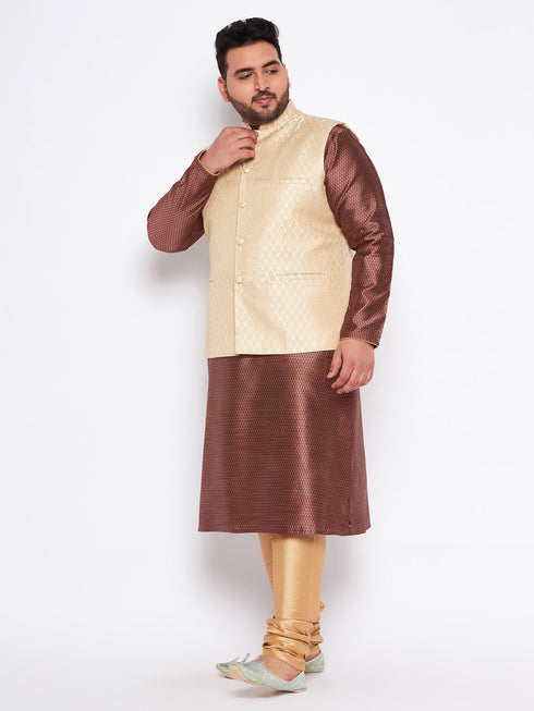 Men's Plus Size Cream Ethnic Cream Jacket With Maroon Silk Blend Kurta And Golden Pyjama Set