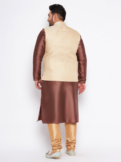 Men's Plus Size Cream Ethnic Cream Jacket With Maroon Silk Blend Kurta And Golden Pyjama Set