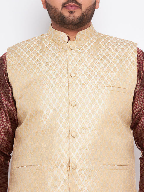 Men's Plus Size Cream Ethnic Cream Jacket With Maroon Silk Blend Kurta And Golden Pyjama Set