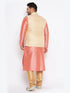 Men's Plus Size Cream Ethnic Cream Jacket With Pink Silk Blend Kurta And Golden Pyjama Set