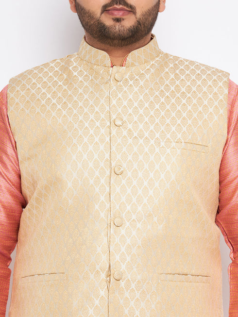 Men's Plus Size Cream Ethnic Cream Jacket With Pink Silk Blend Kurta And Golden Pyjama Set