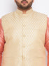 Men's Plus Size Cream Ethnic Cream Jacket With Pink Silk Blend Kurta And Golden Pyjama Set