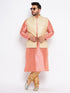 Men's Plus Size Cream Ethnic Cream Jacket With Pink Silk Blend Kurta And Golden Pyjama Set