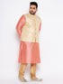 Men's Plus Size Cream Ethnic Cream Jacket With Pink Silk Blend Kurta And Golden Pyjama Set