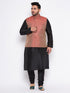 Men's Plus Size Maroon Woven Nehru Jacket With Black Kurta And Pyjama Set
