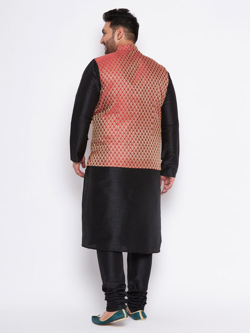 Men's Plus Size Maroon Woven Nehru Jacket With Black Kurta And Pyjama Set