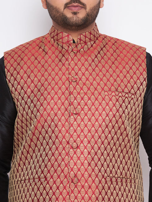 Men's Plus Size Maroon Woven Nehru Jacket With Black Kurta And Pyjama Set