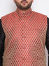 Men's Plus Size Maroon Woven Nehru Jacket With Black Kurta And Pyjama Set