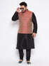 Men's Plus Size Maroon Woven Nehru Jacket With Black Kurta And Pyjama Set