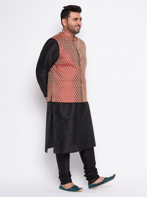 Men's Plus Size Maroon Woven Nehru Jacket With Black Kurta And Pyjama Set