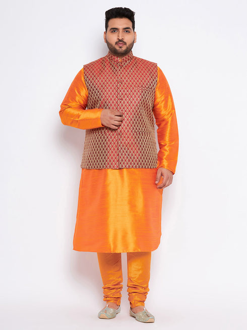 Men's Plus Size Maroon Woven Nehru Jacket With Orange Kurta And Pyjama Set