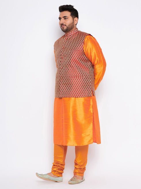 Men's Plus Size Maroon Woven Nehru Jacket With Orange Kurta And Pyjama Set