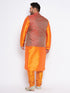 Men's Plus Size Maroon Woven Nehru Jacket With Orange Kurta And Pyjama Set