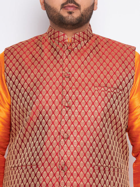 Men's Plus Size Maroon Woven Nehru Jacket With Orange Kurta And Pyjama Set