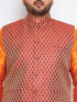 Men's Plus Size Maroon Woven Nehru Jacket With Orange Kurta And Pyjama Set