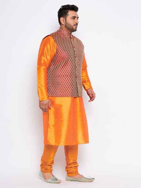 Men's Plus Size Maroon Woven Nehru Jacket With Orange Kurta And Pyjama Set