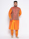 Men's Plus Size Maroon Woven Nehru Jacket With Orange Kurta And Pyjama Set