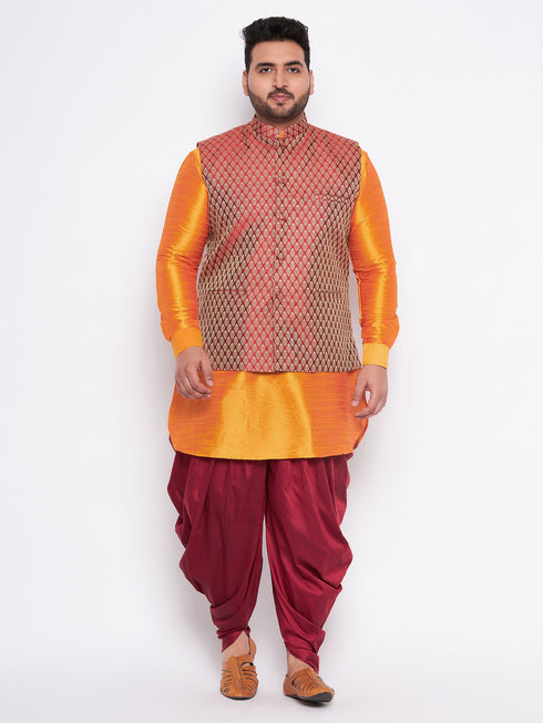 Men's Plus Size Maroon Woven Jacket And Orange Kurta And Dhoti Set