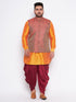 Men's Plus Size Maroon Woven Jacket And Orange Kurta And Dhoti Set