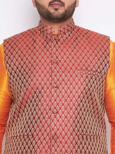 Men's Plus Size Maroon Woven Jacket And Orange Kurta And Dhoti Set
