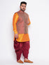 Men's Plus Size Maroon Woven Jacket And Orange Kurta And Dhoti Set