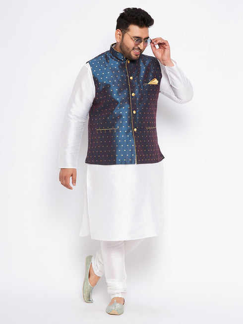 Men's Plus Size Blue Zari Weaved Nehru Jacket With Kurta Pyjama Set