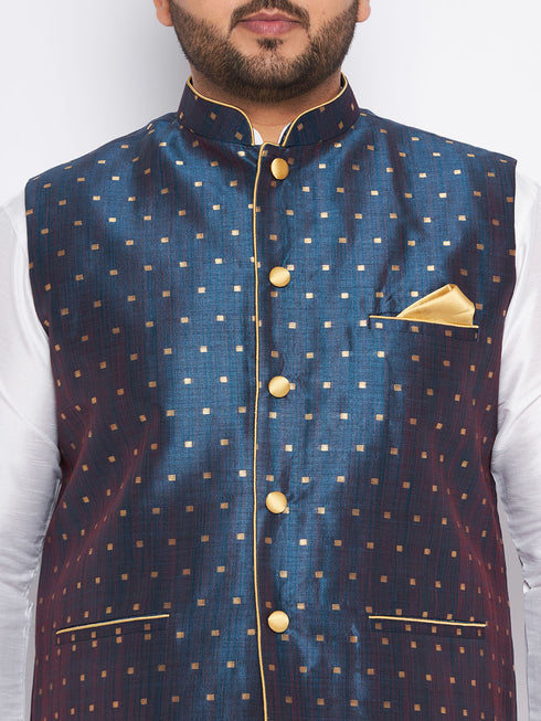 Men's Plus Size Blue Zari Weaved Nehru Jacket With Kurta Pyjama Set