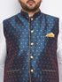 Men's Plus Size Blue Zari Weaved Nehru Jacket With Kurta Pyjama Set