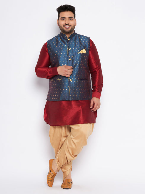 Men's Plus Size Blue Zari Weaved Nehru Jacket With Curved Kurta Dhoti Set